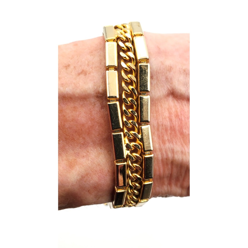 Vintage Bracelet Multi Row Curb Chain Rectangular Links Gold Tone 7"